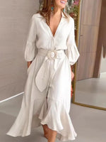 Women's Solid Color V-neck Long Sleeve Casual Loose A-line Dress