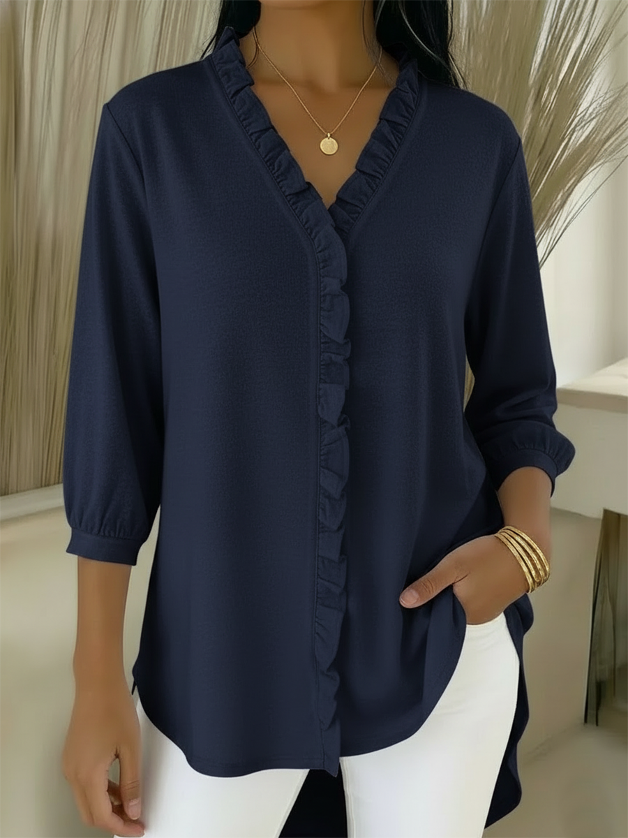 Casual Ruffled V-neck Cotton Top