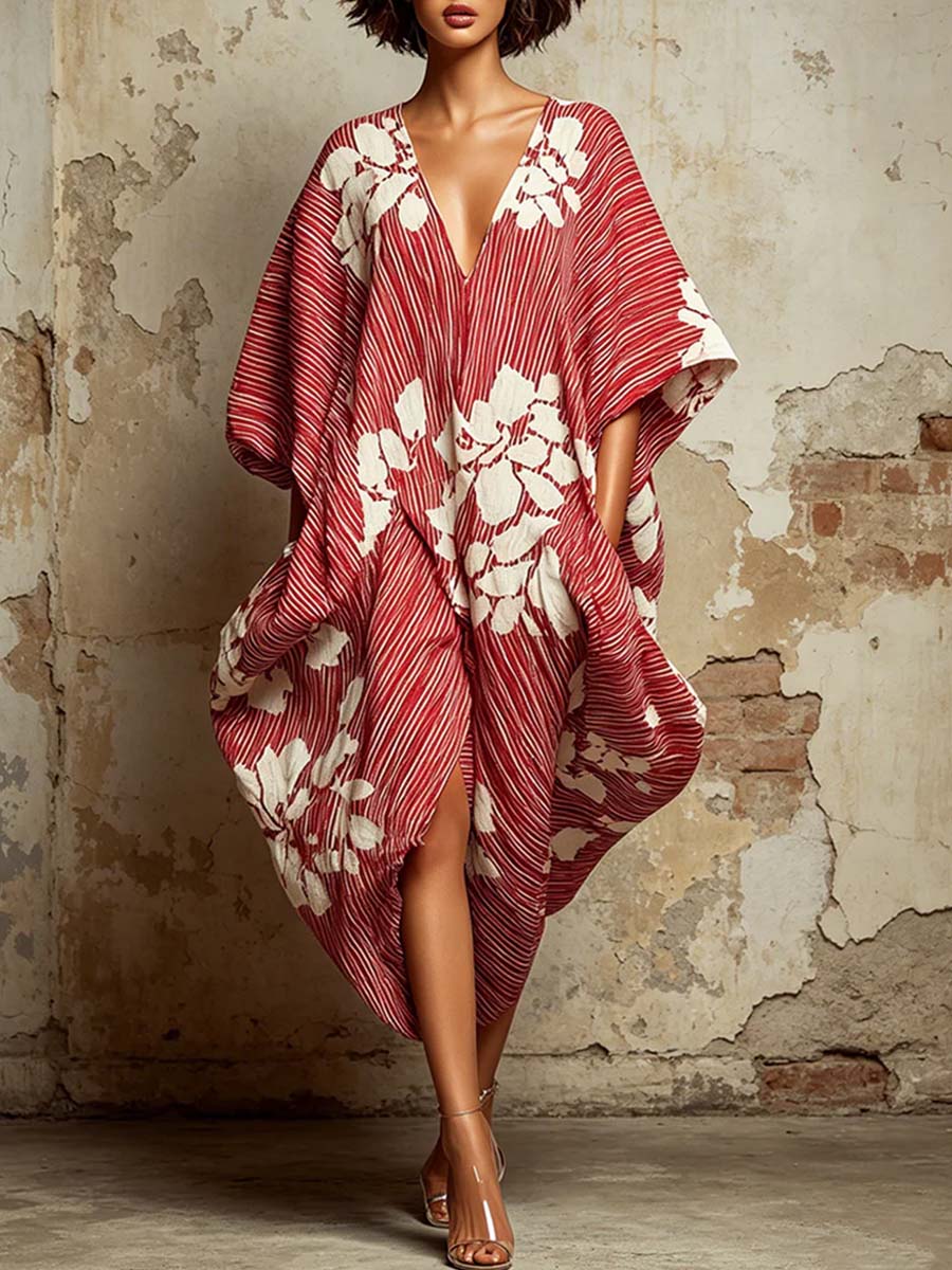 Women's Abstract Print V-neck 3/4-sleeve Casual Loose Cotton-linen Dress