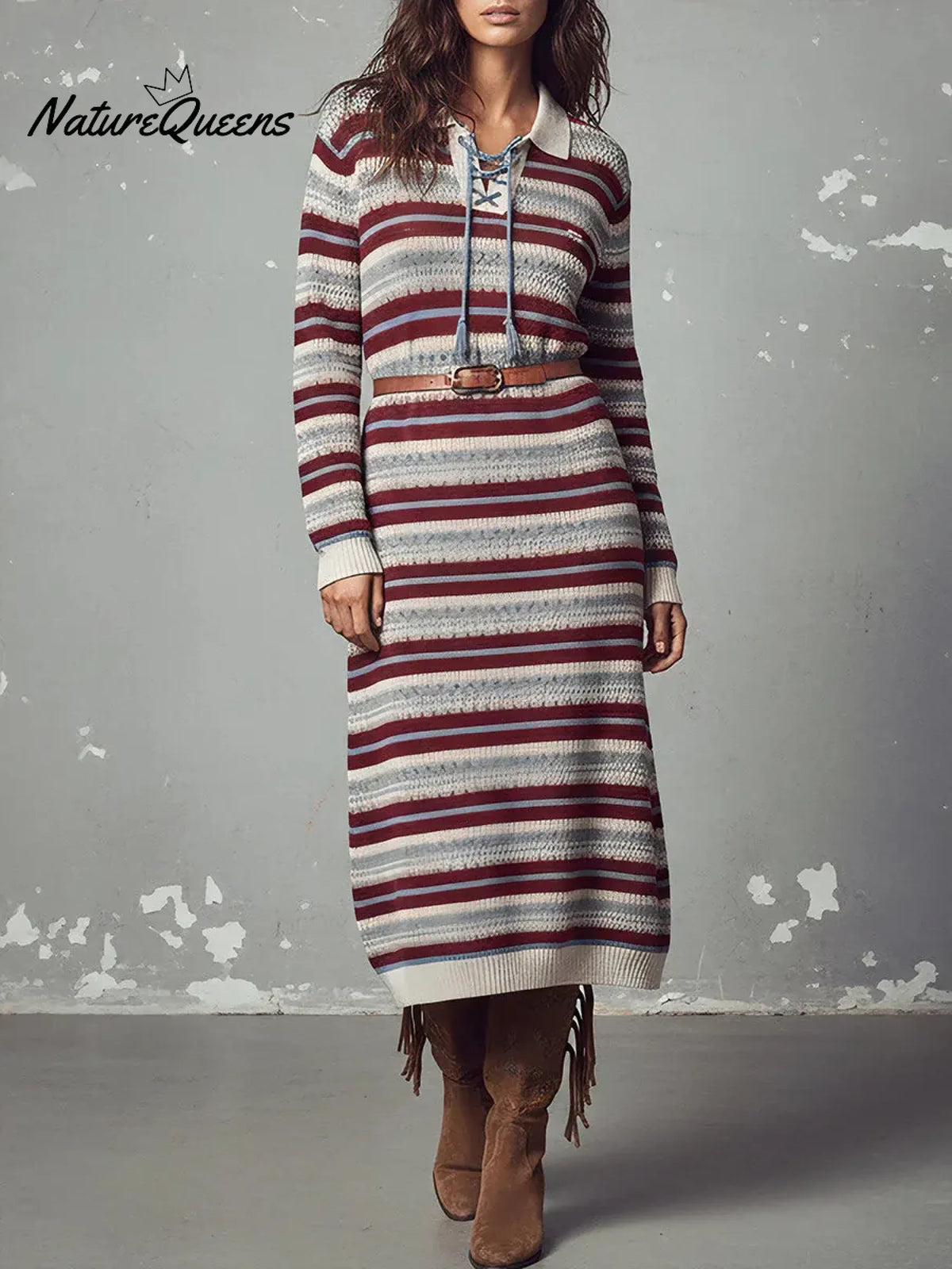 Women's Color-blocked Striped Print Cardigan Collar Long-sleeved Casual Loose Knit Dress