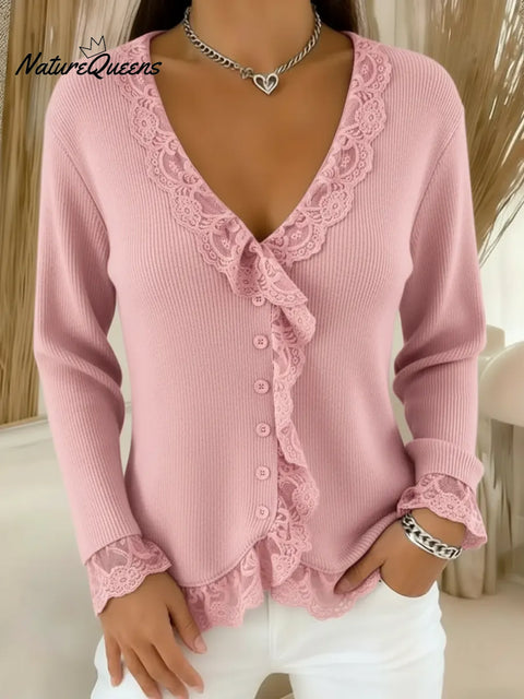 Women's Lace-paneled V-neck Sweater