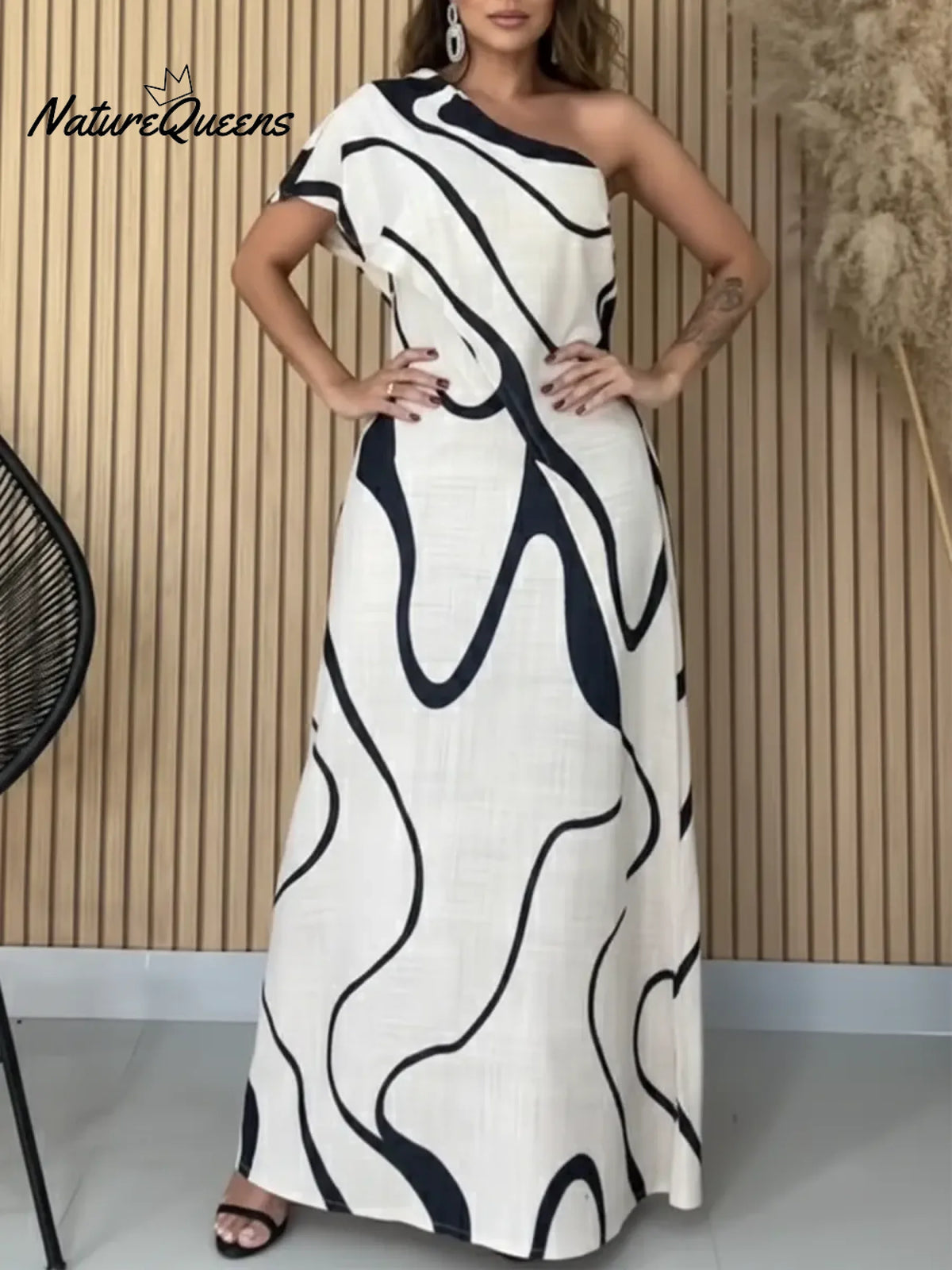 Women's Artistic Print Casual Resort Style One-shoulder Extra-long Cotton And Linen Dress