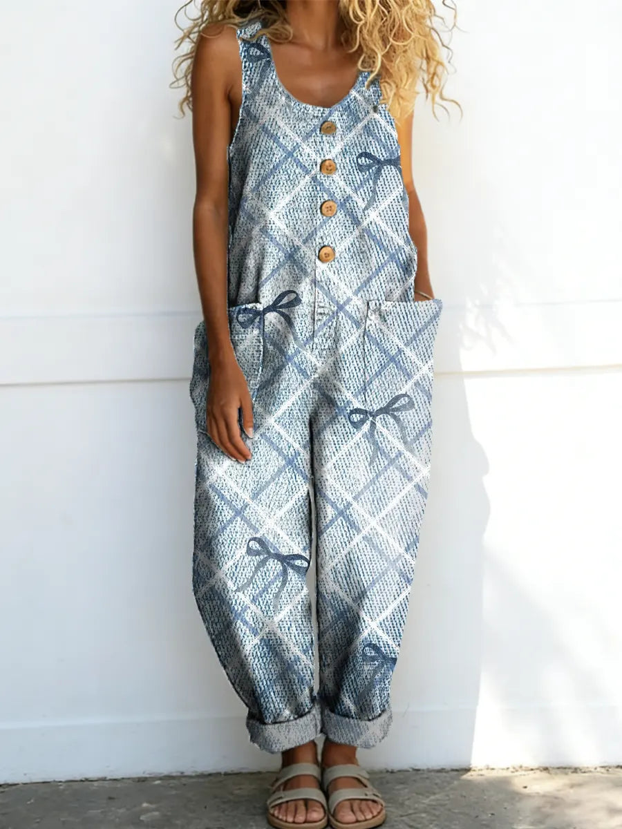 Women's Vintage Pattern Art Print Casual Cotton Denim Jumpsuit