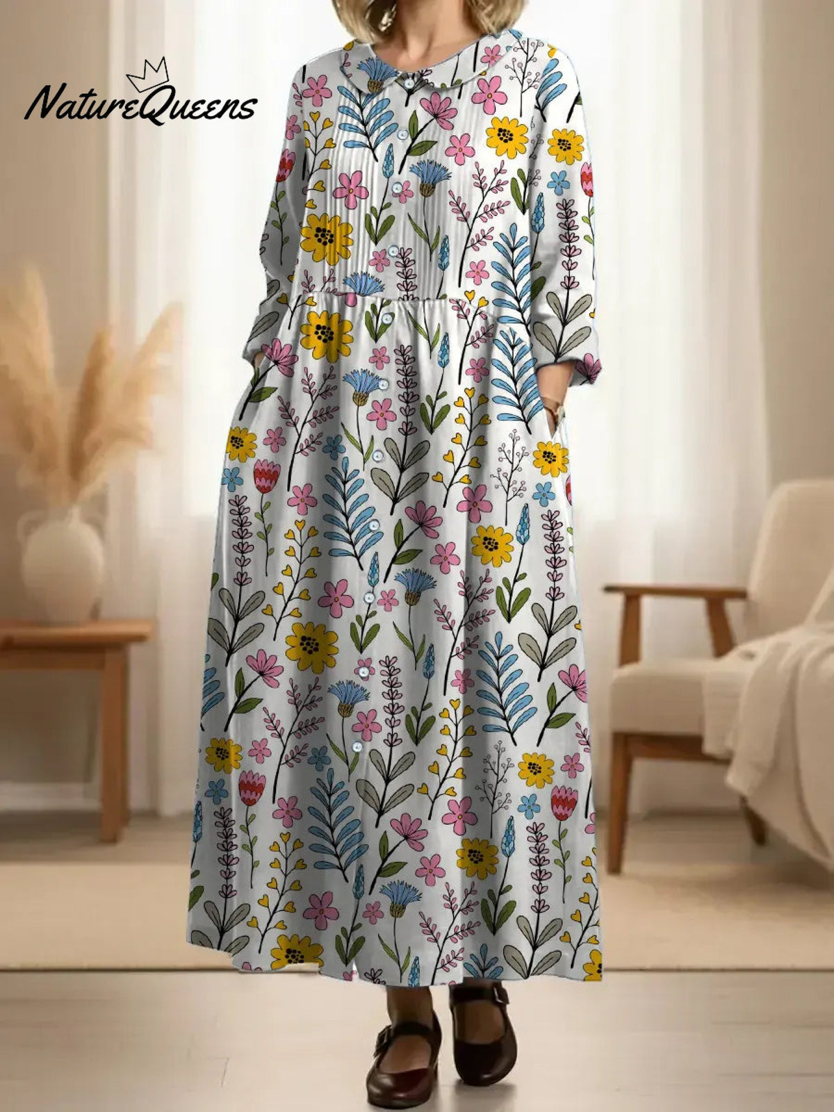 Women's Pleated RetroFloral Patterns Print Doll Collar Casual Long-sleeved Dress