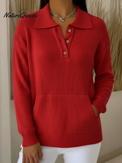 Casual Polo Neck Button Pocket Knit Pullover