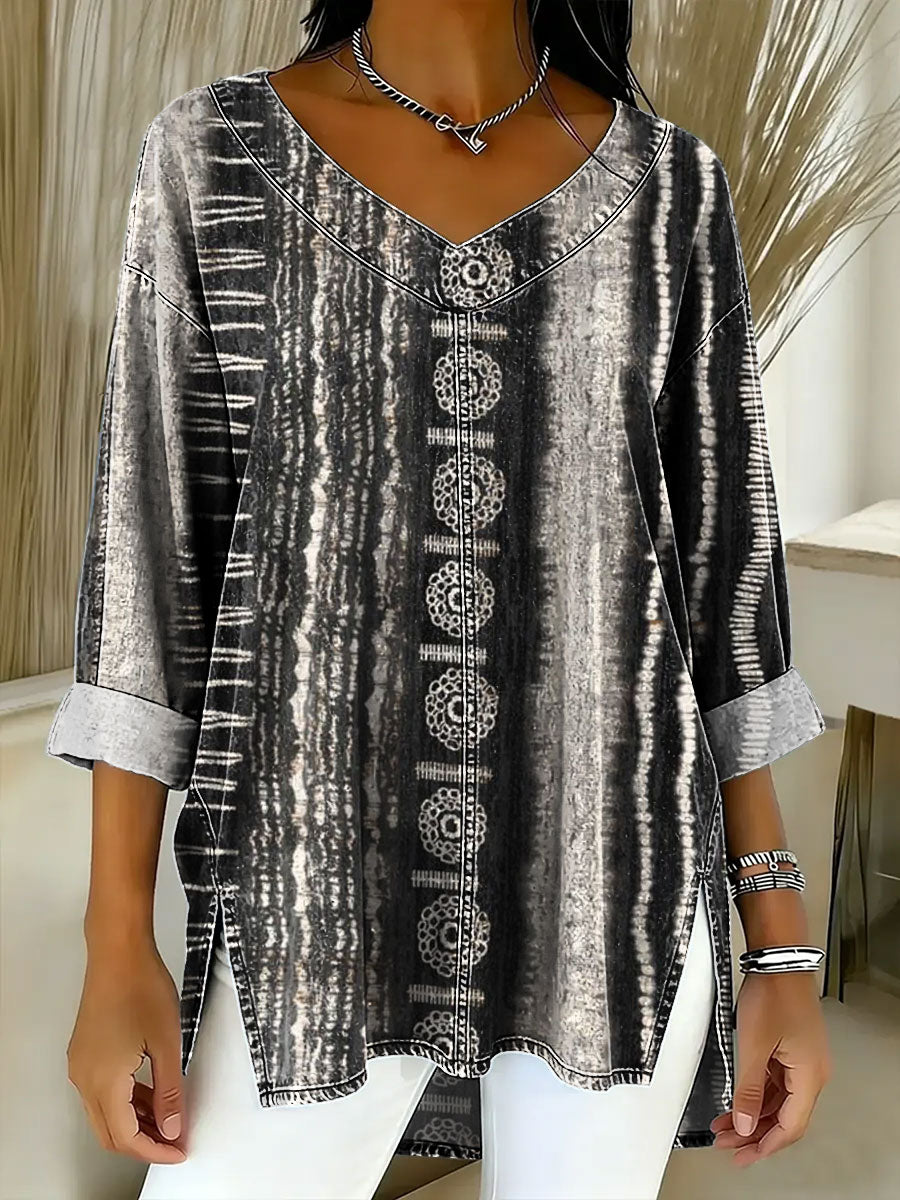 Women's Geometry Color Splicing Gradient Art Casual Washed Denim Cotton Top