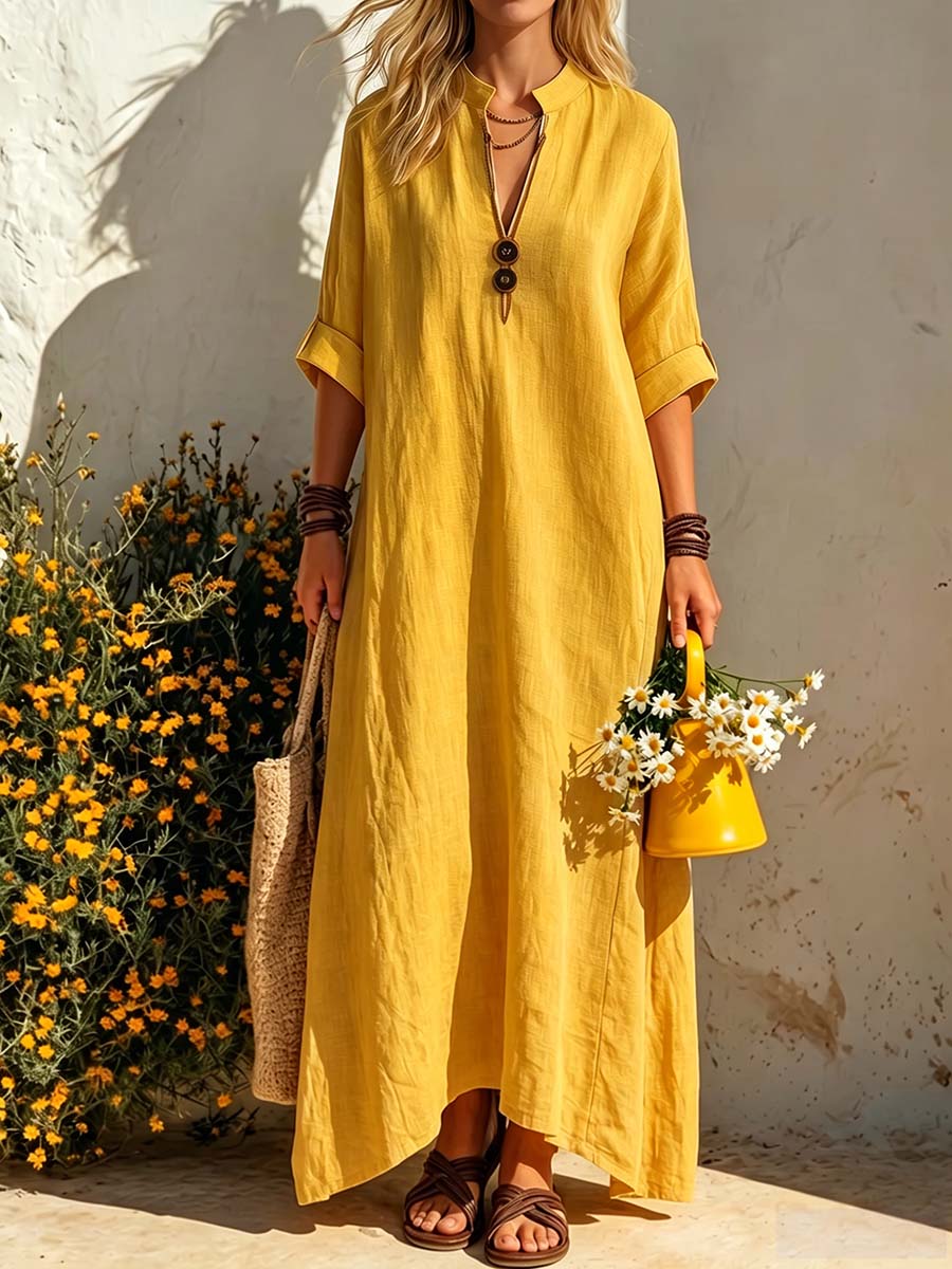 Women's Solid Color V-neck 3/4 Sleeve Casual Loose Cotton-linen Dress