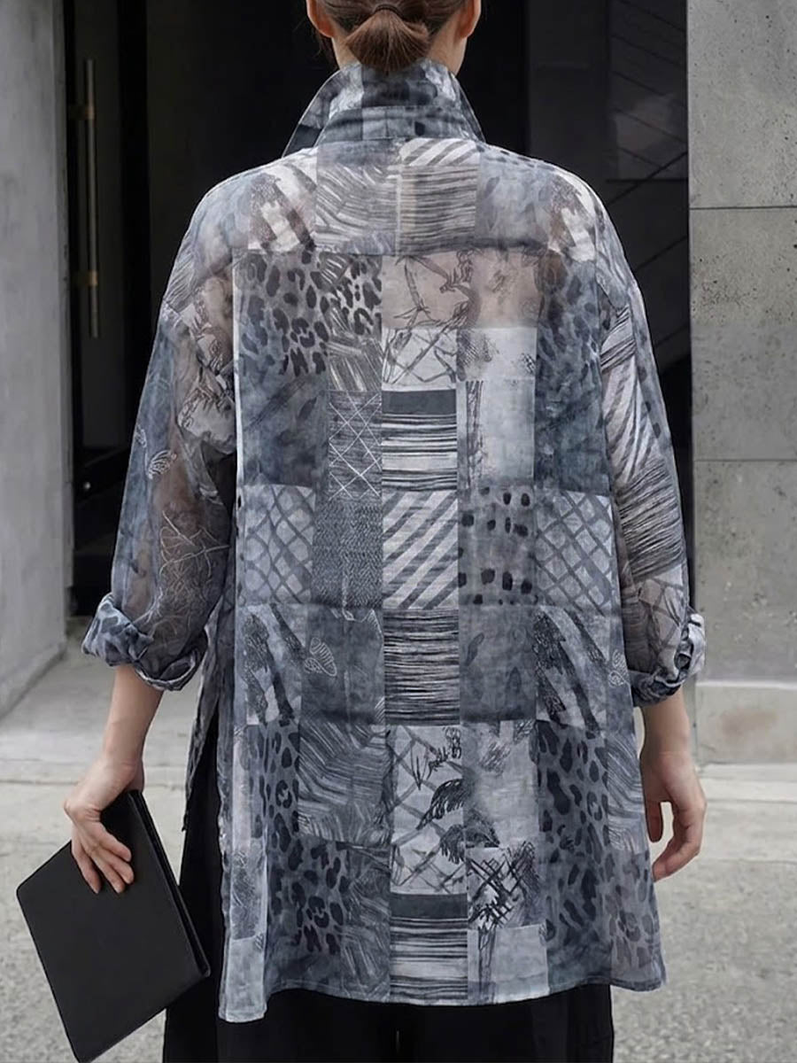 Women's Casual Loose-fit Printed Top With Shirt Collar And Long Sleeves