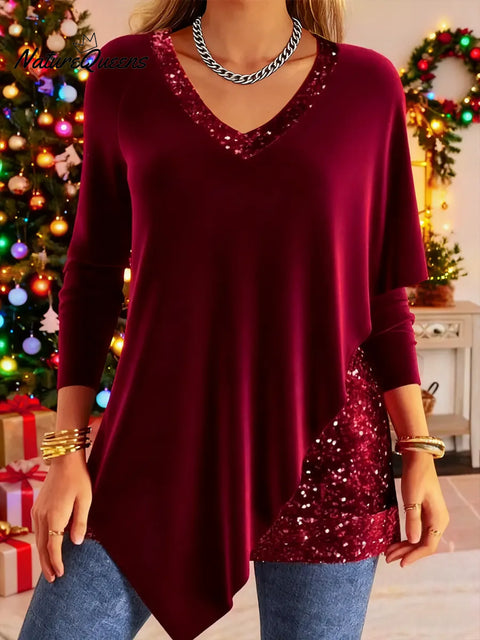 Women's Christmas Velvet and Shimmering Fabric Patchwork Top