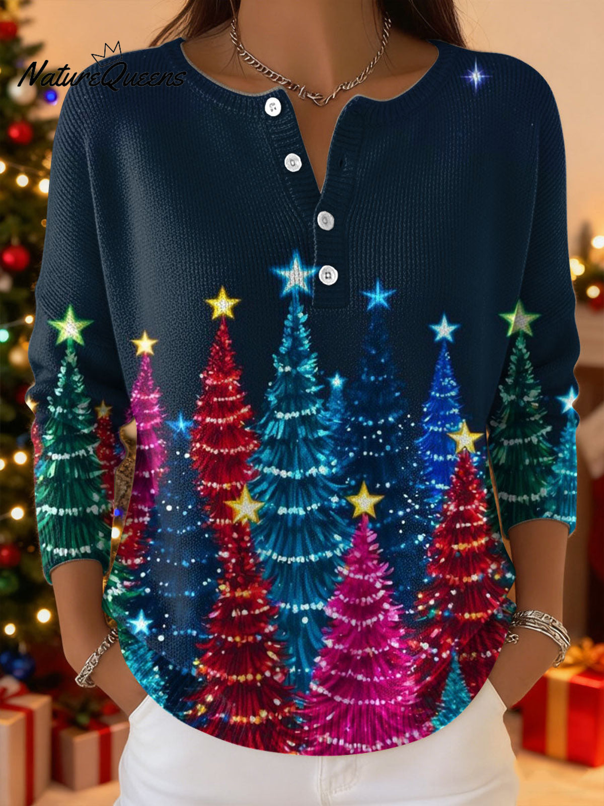 Women's Christmas Trees Pattern Art Print Buttoned Cardigan Sweater