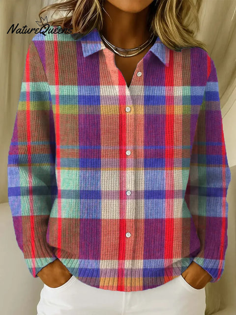 Women's Plaid Pattern Art Print Casual Cotton Knitted Sweater