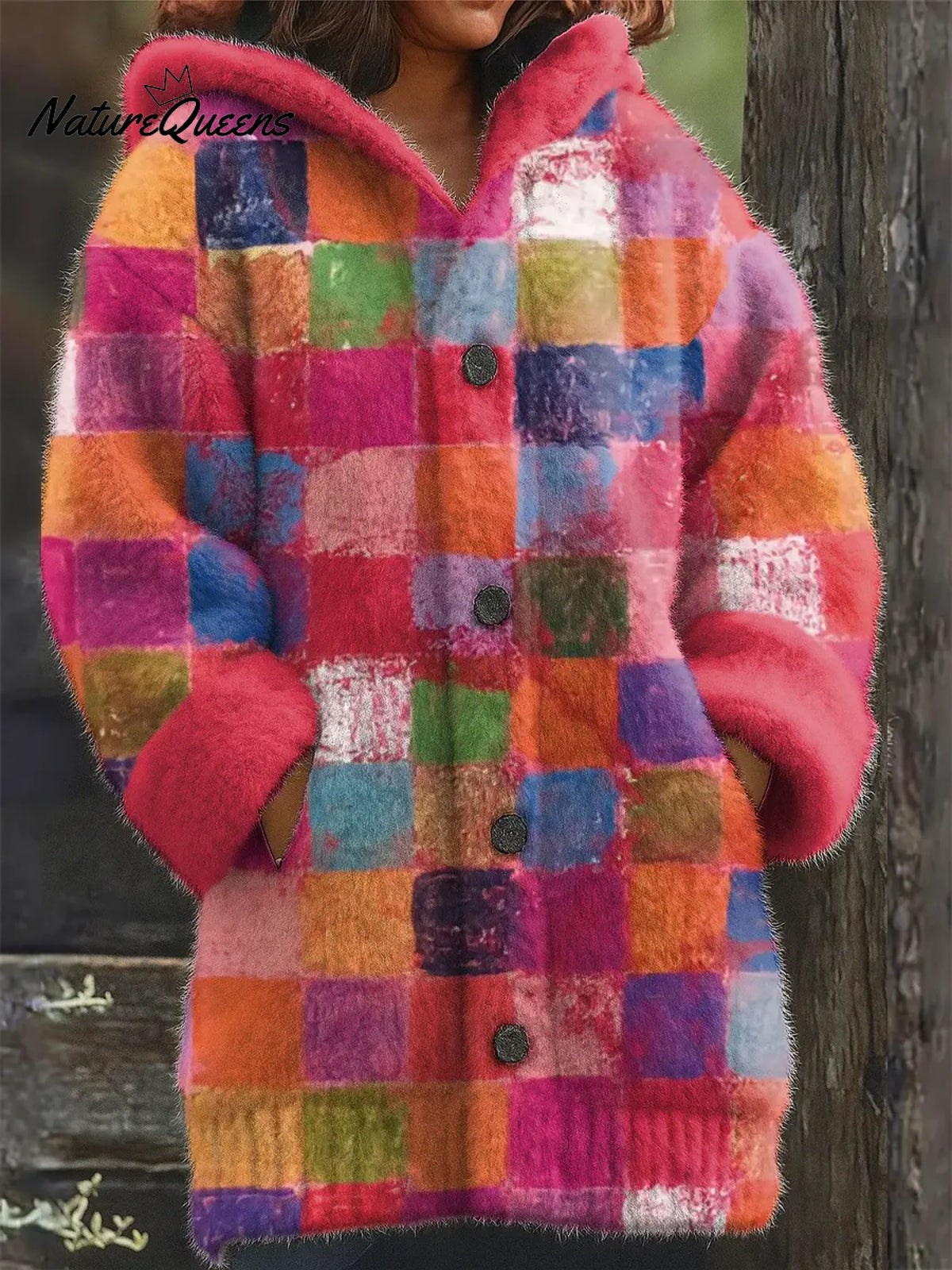 Plaid Color Printed Knit Hoodie