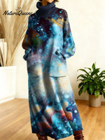 Women's Retro Color Gradient High-neck Long-sleeve Casual Loose Knit Dress