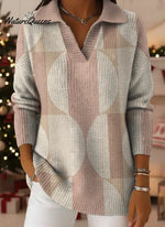 Pink Geometry Print Lapel Casual Knit Sweater
