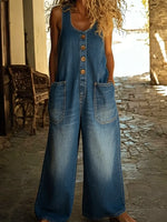 Women's Casual Cotton Vest And Denim Jumpsuit