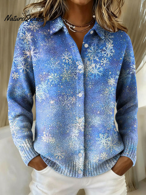 Women's Christmas Snowflake Gradient Pattern Print Cowl Neck Sweater