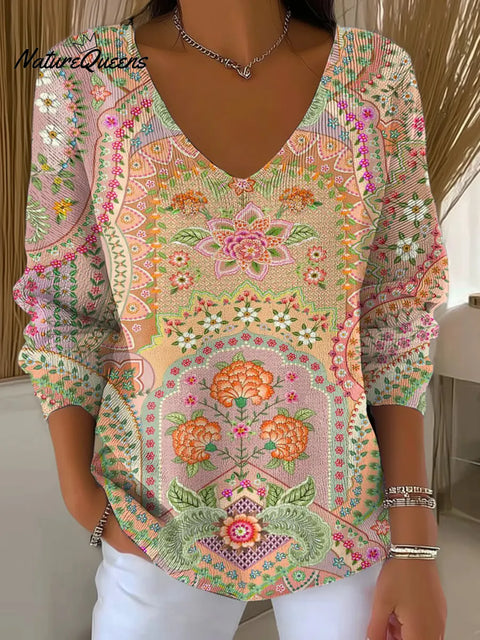 Women's Floral Pattern Art Print Casual V-Neck Sweater