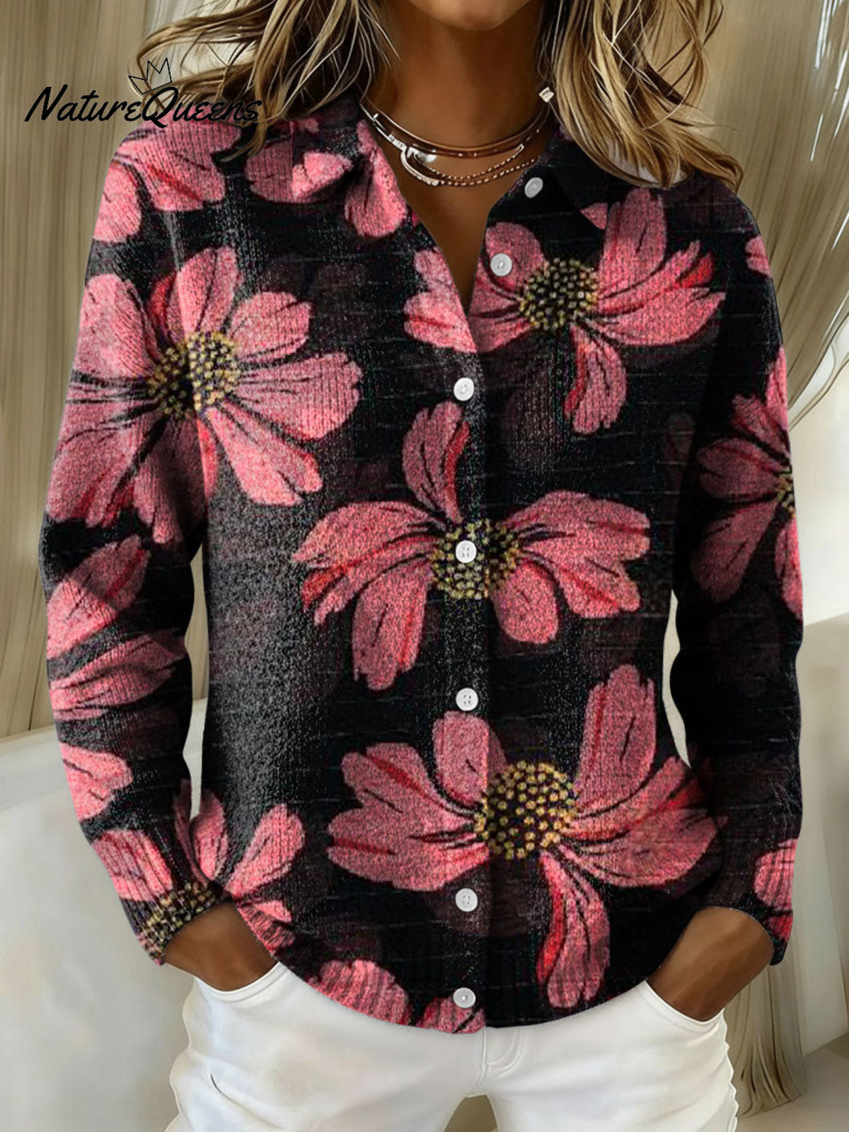 Women's Vintage Flowers Geometric Abstract Pattern Art Print Cowl Neck Sweater