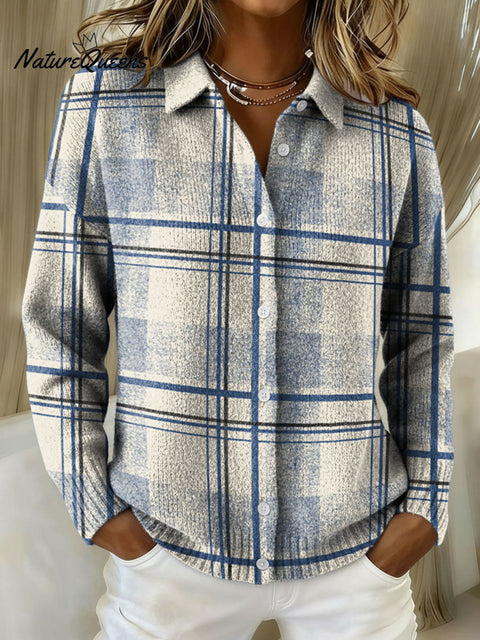 Geometric Line Checkered Decorative Pattern Casual Shirt Collar Long Sleeve Sweater