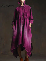 Women's Solid Color Shirt Collar Long-sleeved Casual Loose Cotton Dress