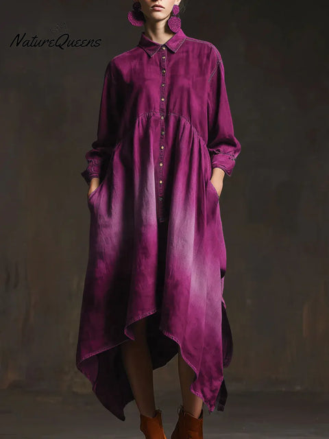 Women's Solid Color Shirt Collar Long-sleeved Casual Loose Cotton Dress