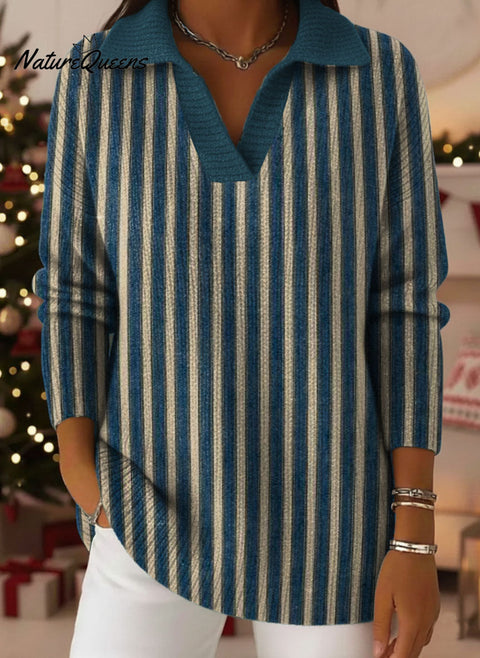 Simple Vertical Stripe Decorative Pattern Women's Casual Shirt Collar Long Sleeve Sweater