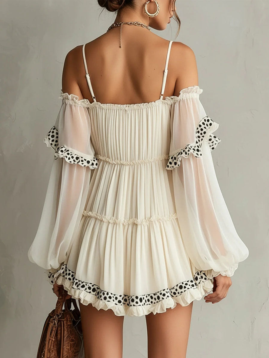 Women's Long-sleeve Off-shoulder Strappy Spliced print Dress