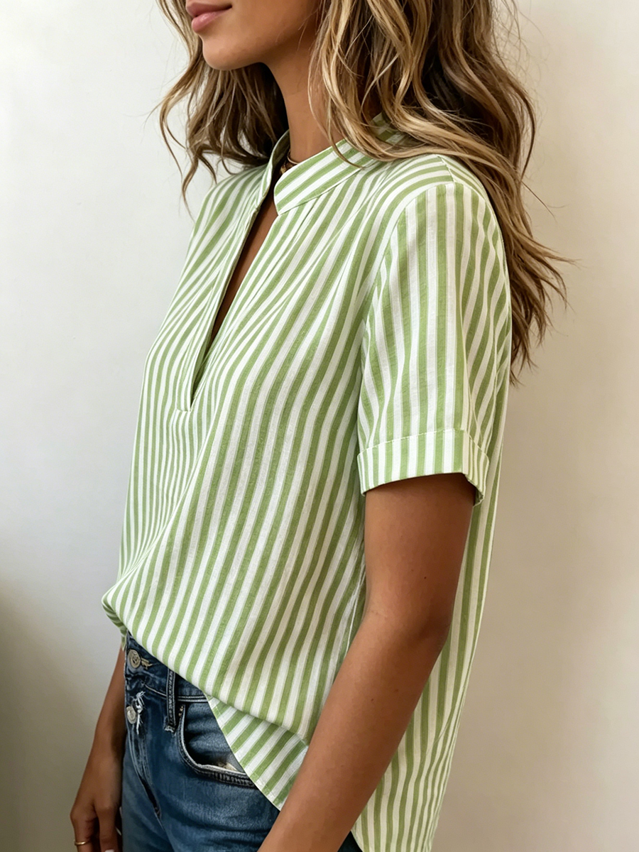 Casual Striped V-neck Cotton-linen Blouse