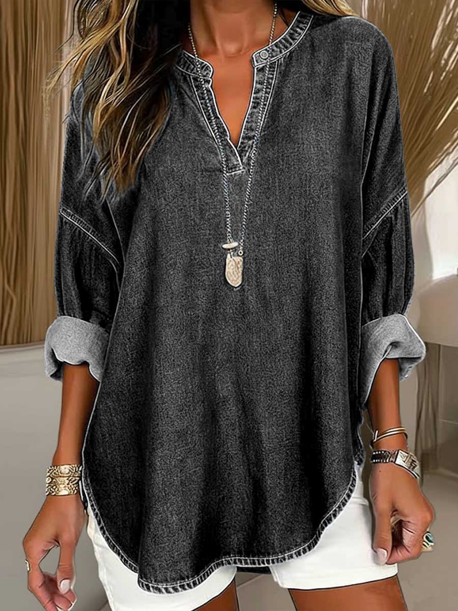 Women's V-neck Long-sleeved Casual Loose Denim Top
