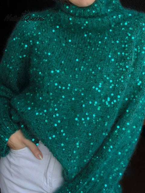 Dreamy High-neck Loose Sequined Sweater Top