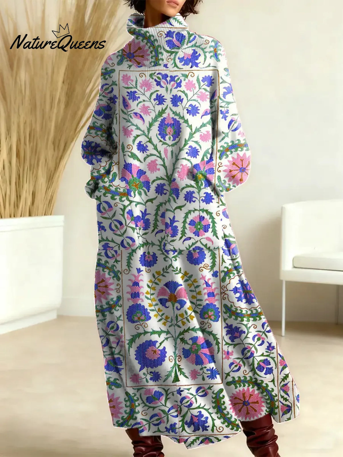 Women's Vintage Symmetrical Paisley Pattern Art Print Casual Cotton Knitted Dress