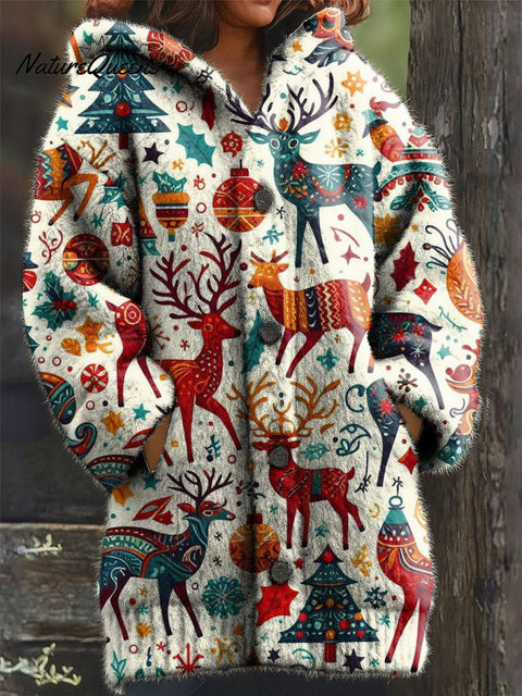 Women's Christmas Deer Ethnic Group Bell Tree Pattern Art Print Casual Plush Warm Coat