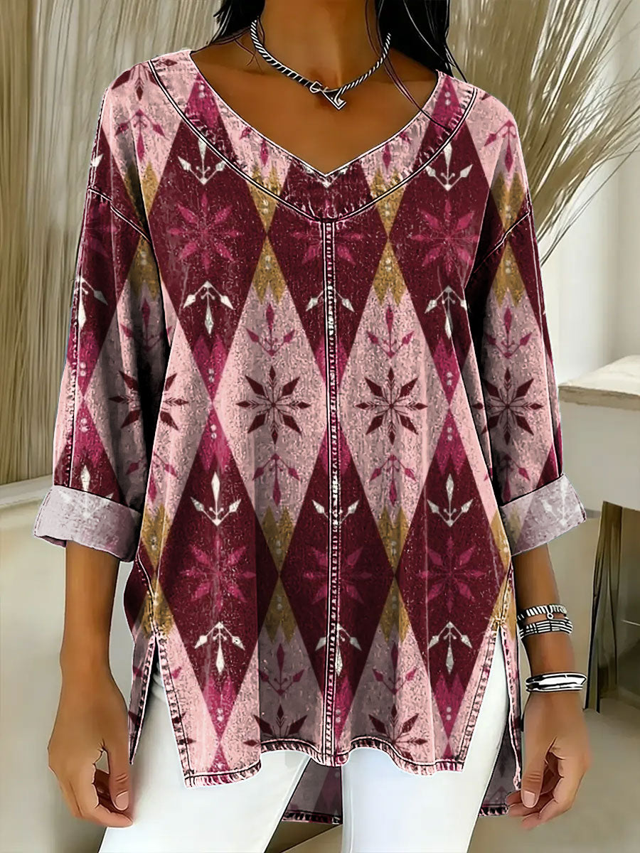 Women's Retro Gradient Ethnic Art Patterns Casual Washed Denim Cotton Top