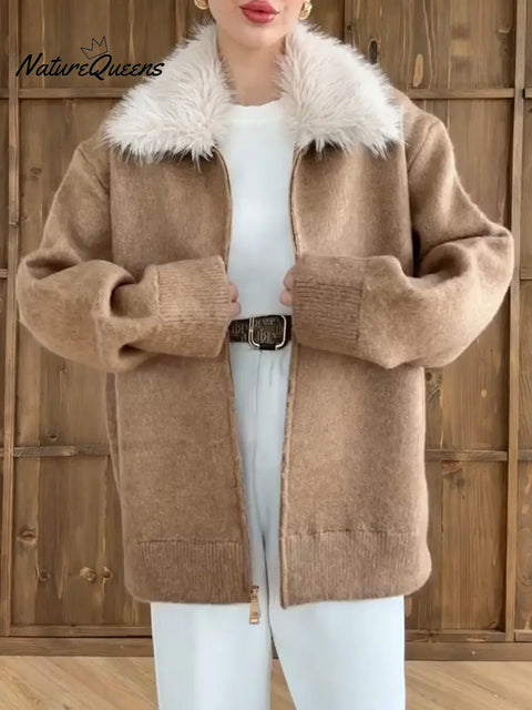 Women's Solid Color Lapel Long Sleeve Casual Loose Knit Zipper Cardigan