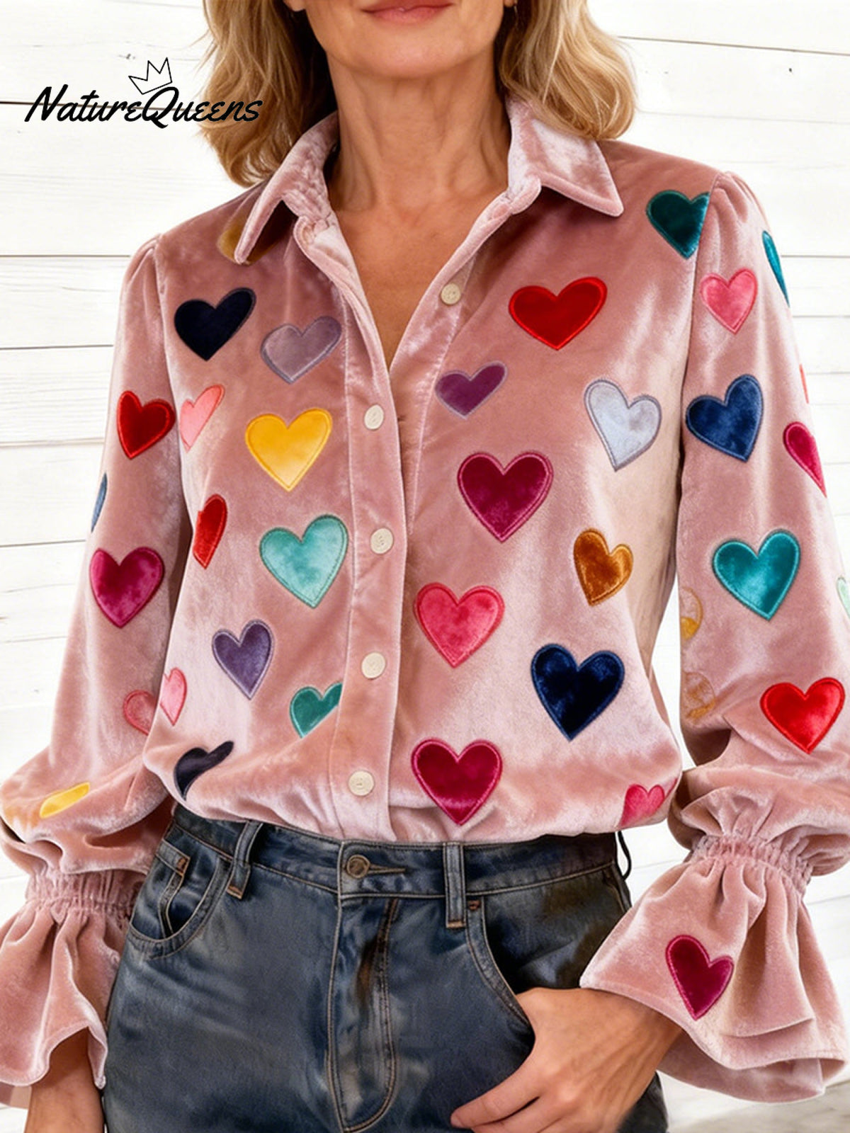 Women's Colorful Heart-print Casual Velvet Valentine's Day Shirt