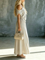 Women's Solid-color Cotton-linen Casual Off-shoulder Short-sleeve Maxi Dress