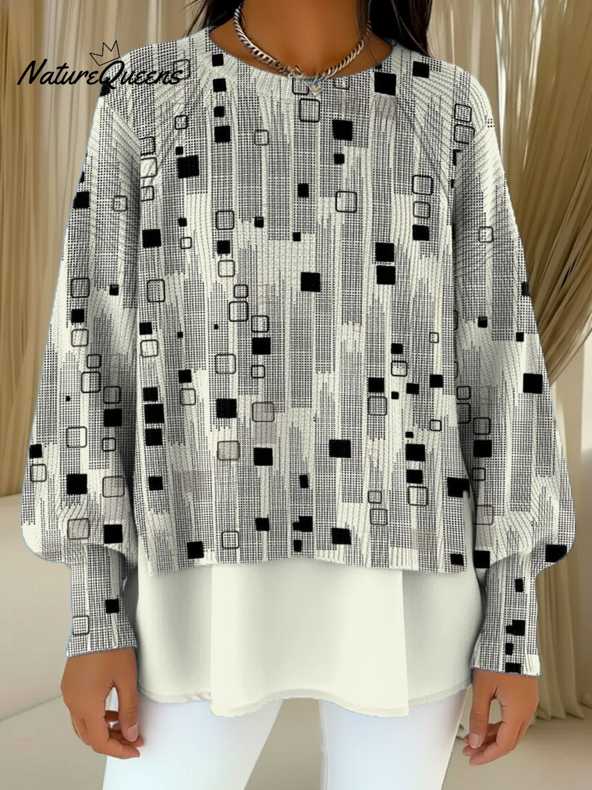 Women's Geometric Lines And Square Decorative Patterns Casual Round Collar Long Sleeve Sweater