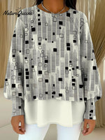 Women's Geometric Lines And Square Decorative Patterns Casual Round Collar Long Sleeve Sweater