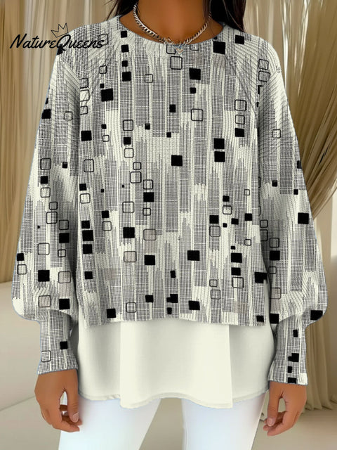 Women's Geometric Lines And Square Decorative Patterns Casual Round Collar Long Sleeve Sweater