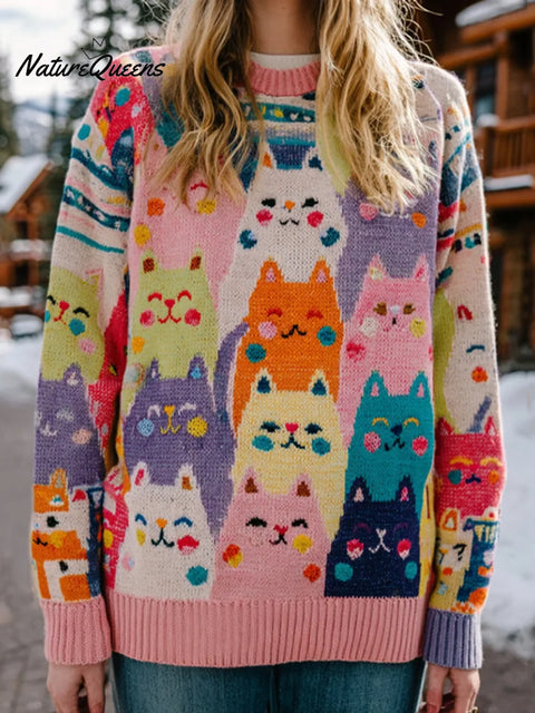 Women's Funny Cats Art Print Casual Knit Sweater
