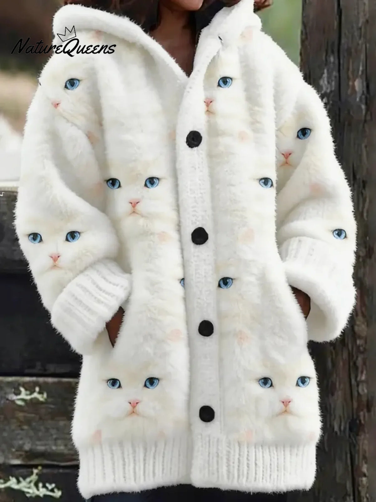 Women's Funny Cats Pattern Art Print Casual Fleece Coat