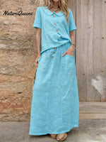 Women's Solid Color Peter Pan Collar Short-sleeved Loose Casual Top Paired With A High-waisted Loose Casual Skirt A Cotton And