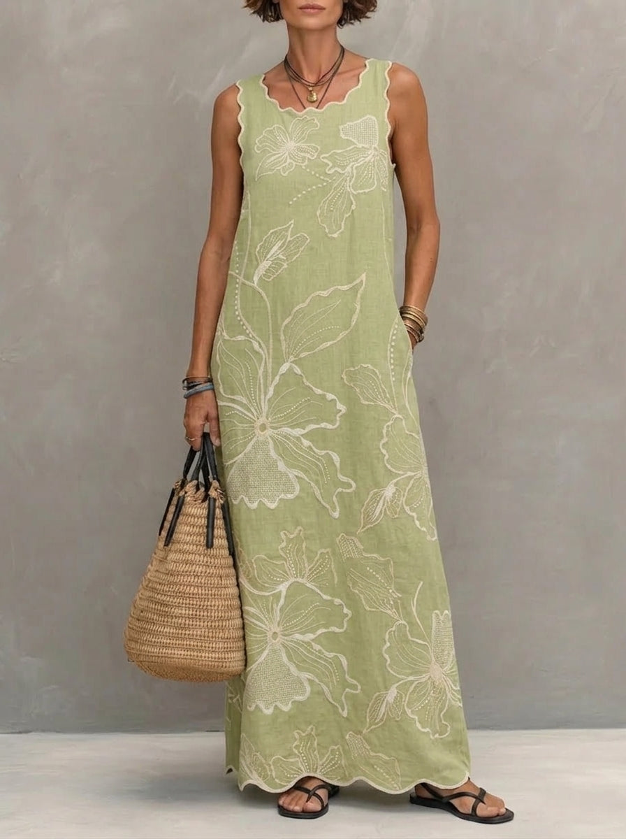 Women’s Wavy-edge Floral Sleeveless Pocket Maxi Dress
