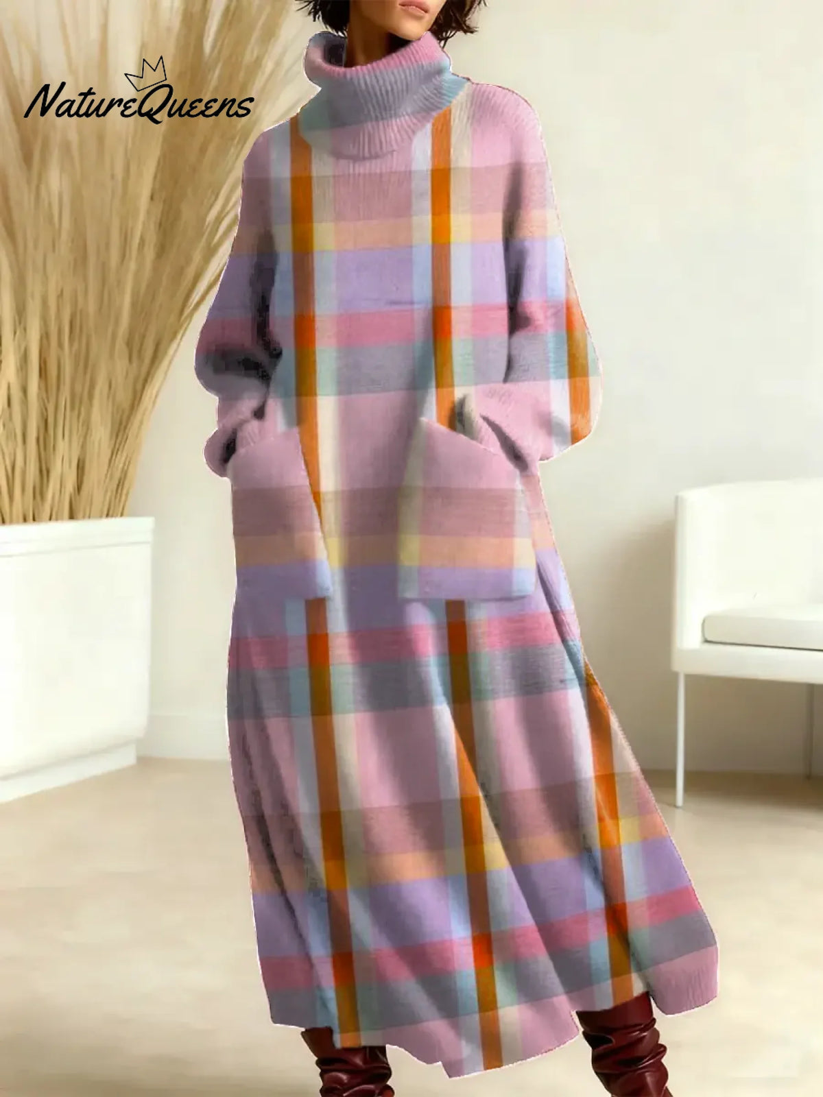 Women's Plaid Pattern Art Print Casual Cotton Knitted Dress