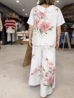 Women's Spring New Arrival Round Neck/peter Pan Collar Two-way Style Short-sleeved Casual Loose Cotton And Linen Pants Set