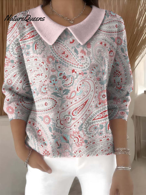 Sweet Floral Paisley Decorative Pattern Women's Casual Peter Pan Collar Sweater
