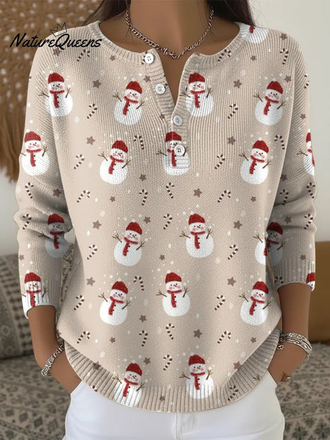 Little Christmas Snowman Art Print Buttoned Cardigan Sweater