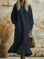 Elegant Zippered Hooded Loose Cotton Dress