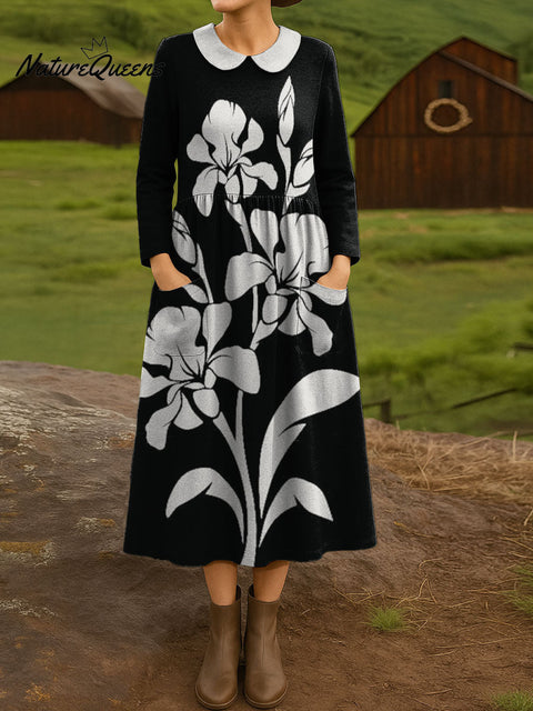 Elegant Iris Flower Decorative Pattern Women's Casual Peter Pan Collar Long Sleeve Dress