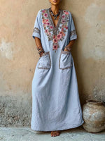 Women's Vintage-print V-neck Short-sleeve Casual Loose Cotton-linen Dress